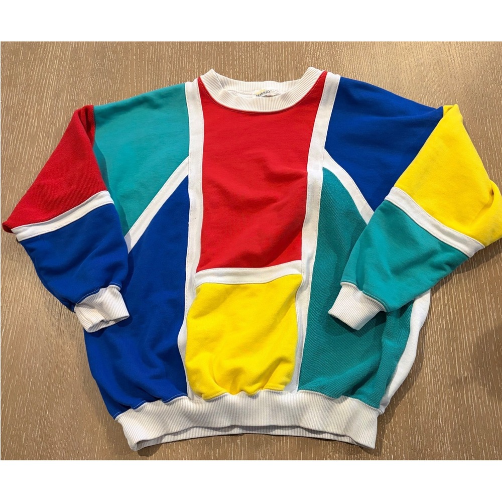 Vintage Active Messages Sweatshirt M Colorblock Geometric Multicolor 80s 90s
